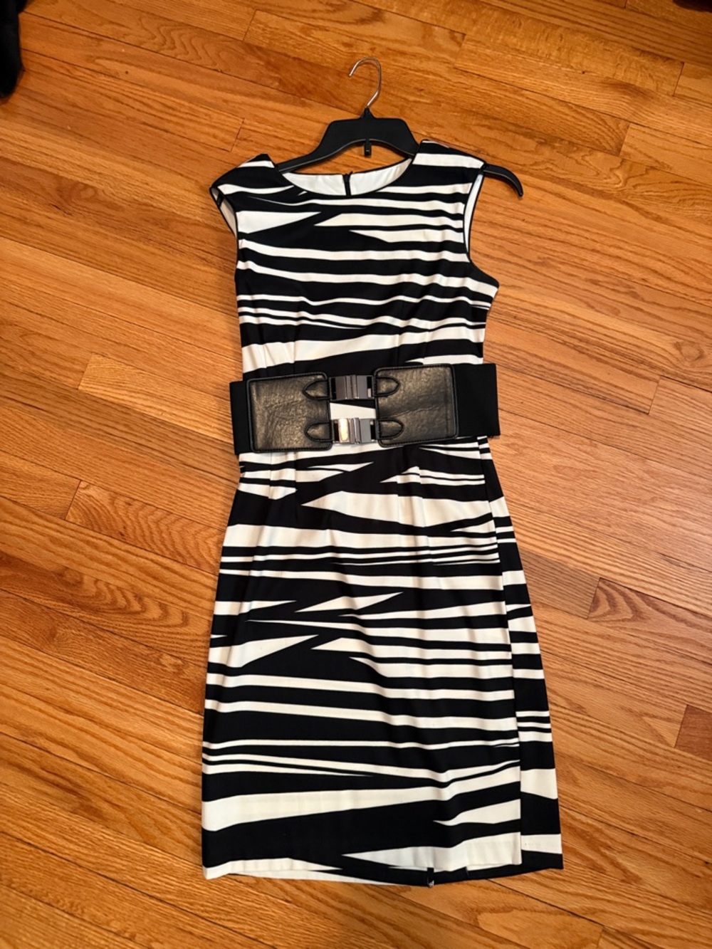 Bisou Bisou Black and White Striped Midi Sheath Dress with Wide Belt
